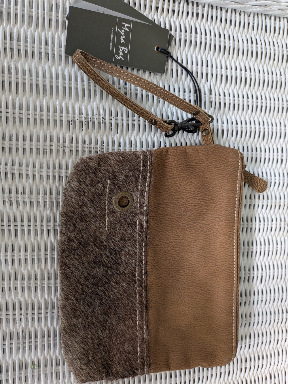 Myra Bag Accessory Pouch Wristlet Two-Tone Brown Leather & Hair-On Zip Top